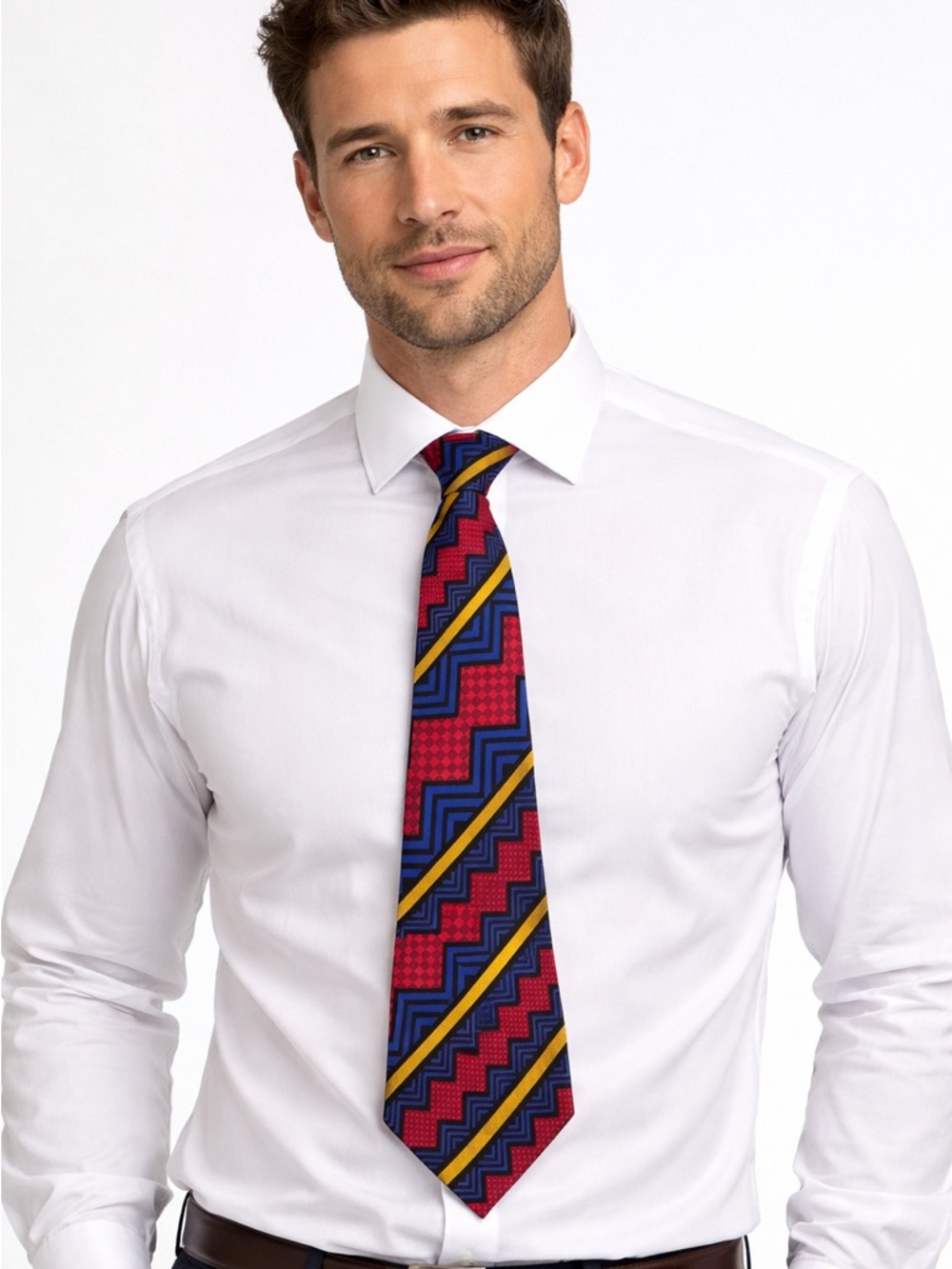 Bob Mackie Silk Geometric Patterned Tie in Red Blue and Gold Wearable Art